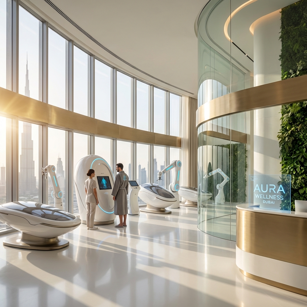 Modern medical laboratory in Dubai with city skyline view