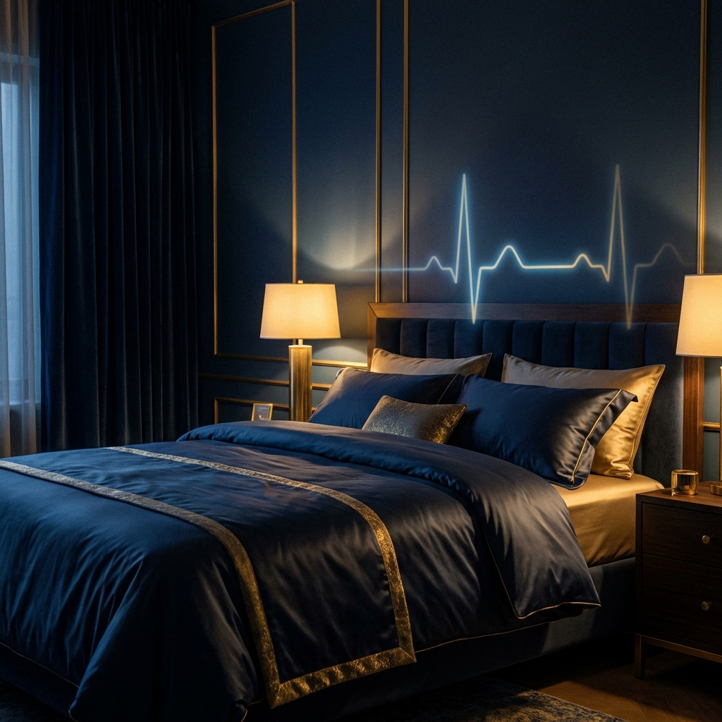 Peaceful bedroom setting with subtle heart rhythm visualization